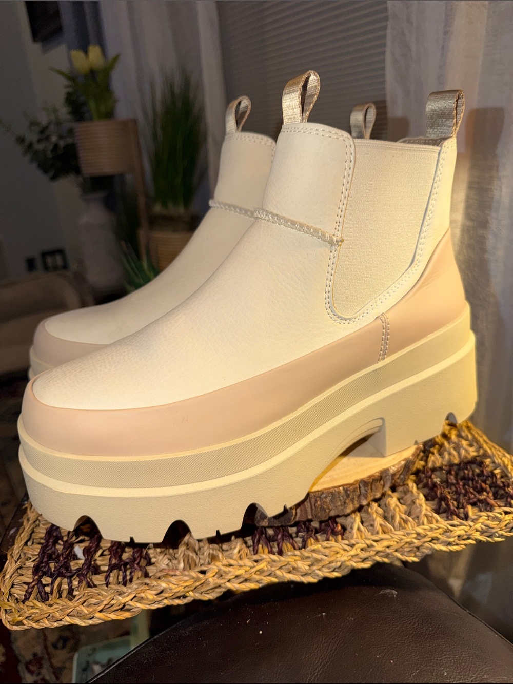 UGG Cream and Light Tan Platform Chelsea Boots